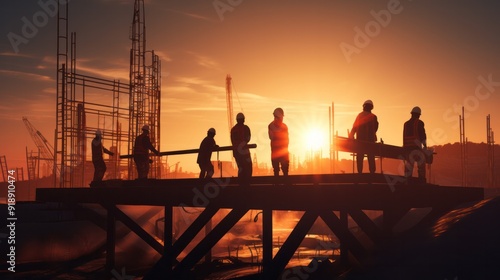 Silhouetted engineers and construction crew at a worksite with a warm