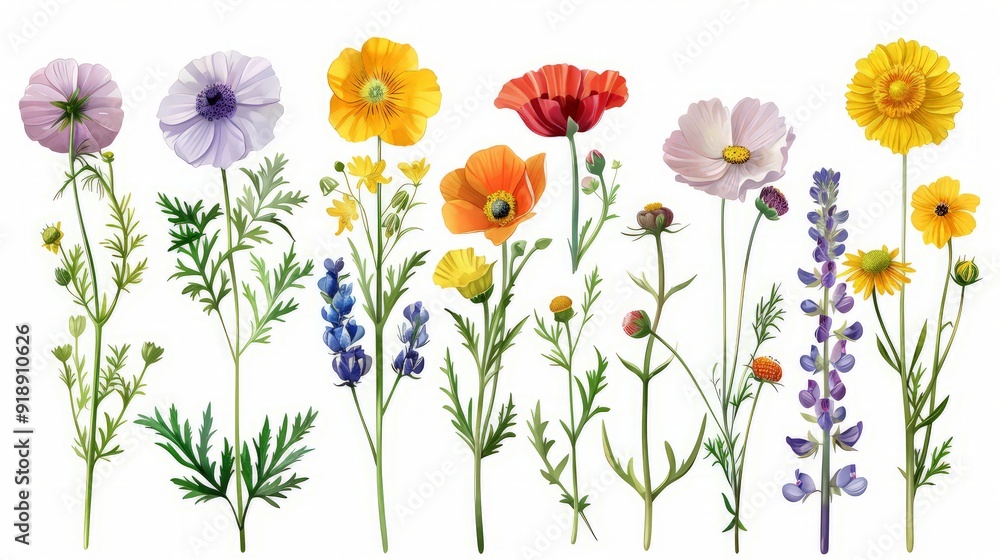 Set of garden flowers on white background Set of garden flowers on white background