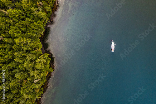 Aerial View of Sailboat in Stuart Island Bay