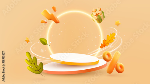 Autumn sale podium with falling leaves, discount tags. Empty pedestal, Fall sale advertising banner. Thanksgiving or seasonal marketing materials. Vector illustration. 3D design.