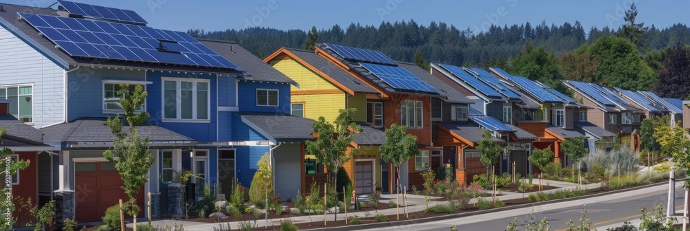 Row of houses with solar panels on roofs and lush green landscaping. Row of houses with solar panels on roofs and lush green landscaping.