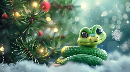 Green little snake is sitting by the Christmas tree, in the style of iconic pop culture caricatures, cute and dreamy
