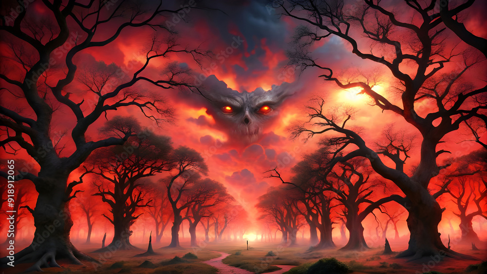 generate an eerie scene of a killer forest under generate an eerie scene of a killer forest under