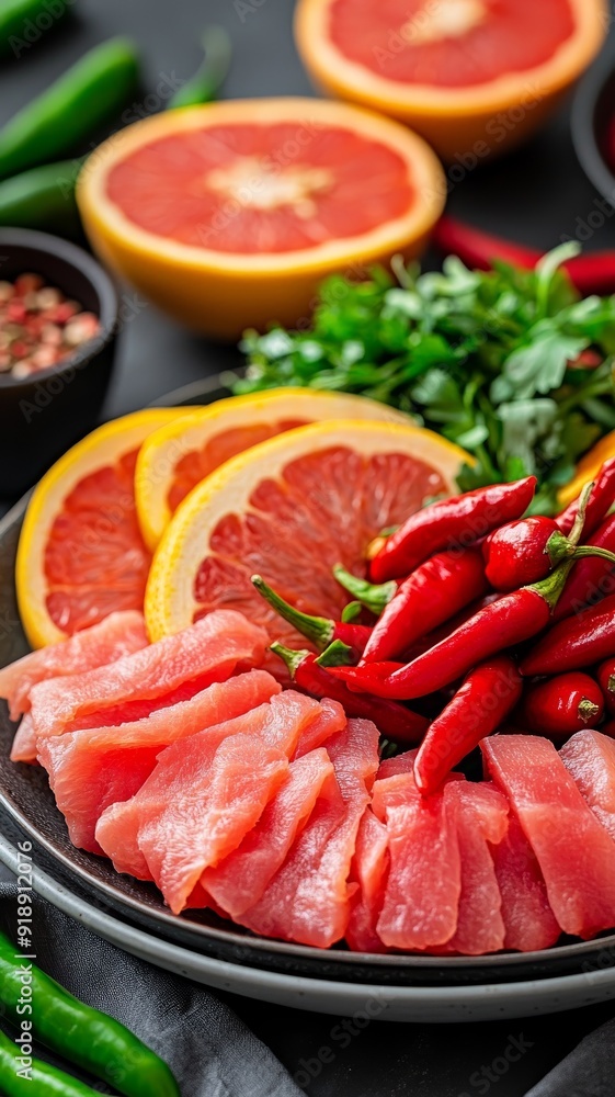 fresh raw tuna sashimi with grapefruit, chili peppers and herbs - asian cuisine ingredients - healthy eating - food photography fresh raw tuna sashimi with grapefruit, chili peppers and herbs - asian cuisine ingredients - healthy eating - food photography