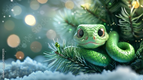 Green little snake is sitting by the Christmas tree, in the style of iconic pop culture caricatures, cute and dreamy