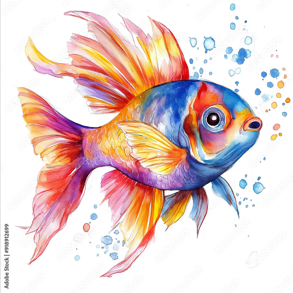Fototapeta premium Watercolor Art Colorful fish on white background for t-shirt design. Hand Painted Clip Art Design Element for Labels, Business Cards, Flyers.
