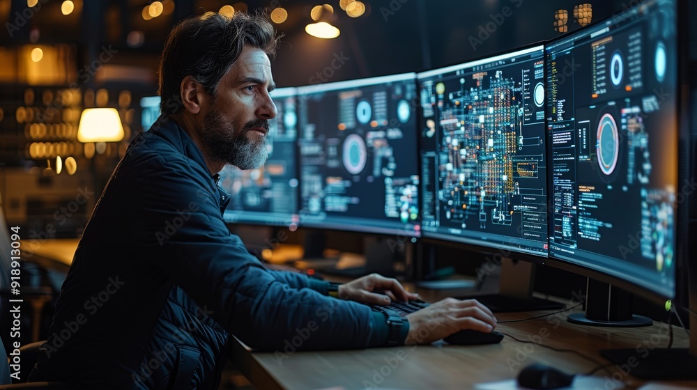 Man working at multiple computer monitors in a high-tech control room during nighttime Man working at multiple computer monitors in a high-tech control room during nighttime
