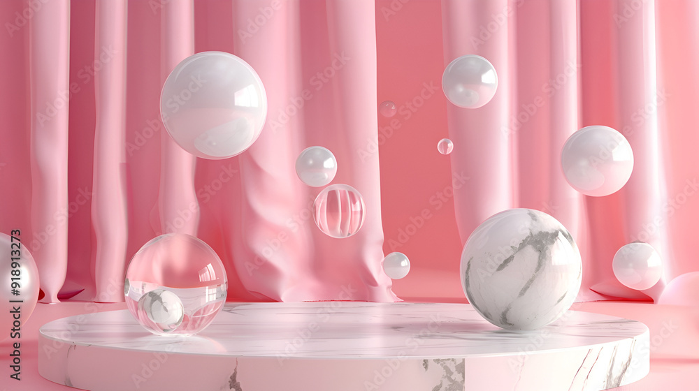 A glossy cylindrical podium is set against a pink pastel background with abstract, whimsical shapes, Bright studio lights create a lively atmosphere for showcasing beauty products
A glossy cylindrical podium is set against a pink pastel background with abstract, whimsical shapes, Bright studio lights create a lively atmosphere for showcasing beauty products