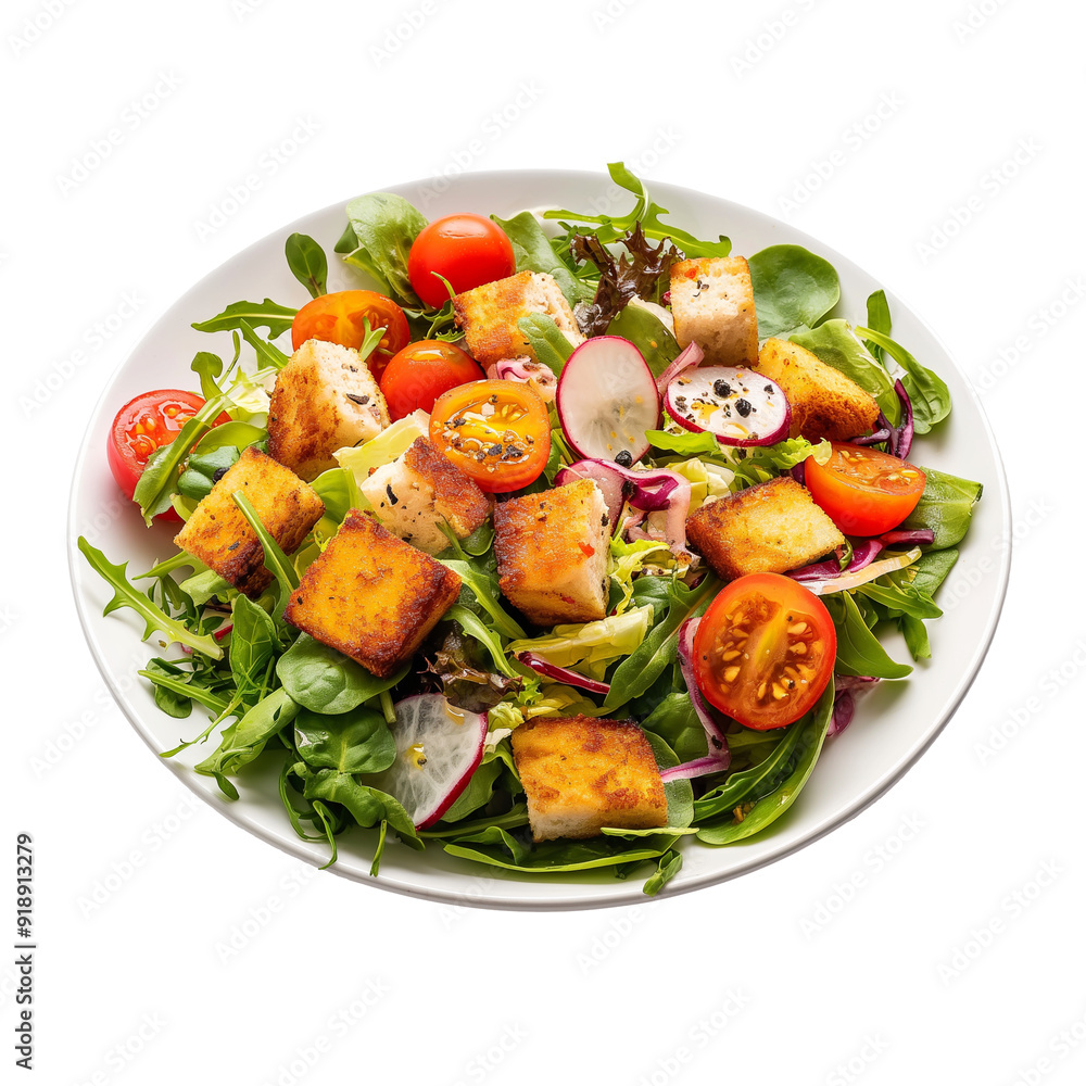 Top view of fresh mixed vegetable salad in white plate on transparent background Top view of fresh mixed vegetable salad in white plate on transparent background