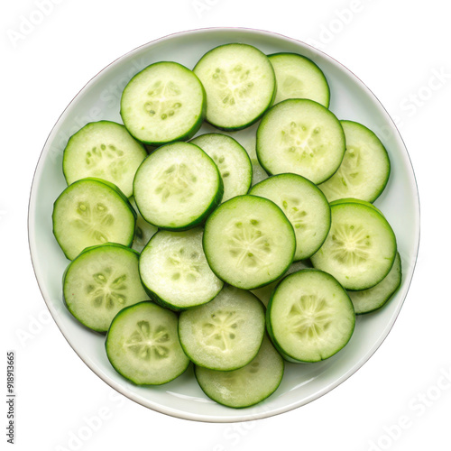 Fresh cucumber slices on white plate top view isolated on transparent background