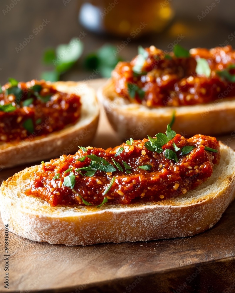 Bruschetta topped with a rich tomato spread and garnished with fresh parsley, placed on a wooden board, offers a hearty and delectable food presentation. Bruschetta topped with a rich tomato spread and garnished with fresh parsley, placed on a wooden board, offers a hearty and delectable food presentation.