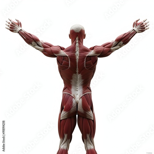 Detailed anatomical of the muscular system with raised arms on white background