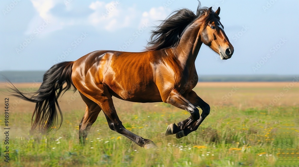 A majestic horse galloping freely across an open meadow, its mane flowing in the wind A majestic horse galloping freely across an open meadow, its mane flowing in the wind