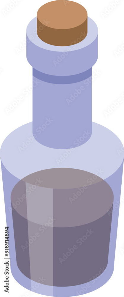 Glass bottle with a cork stopper is filled with a dark liquid, rendered in a minimalist isometric style Glass bottle with a cork stopper is filled with a dark liquid, rendered in a minimalist isometric style