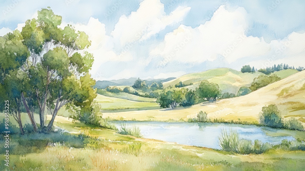 Watercolor Painting of a Serene Landscape with a Pond and Rolling Hills Watercolor Painting of a Serene Landscape with a Pond and Rolling Hills