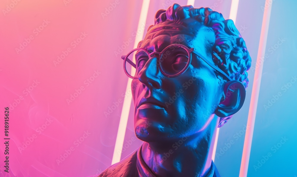 Man with glasses statue on pink and blue background with neon sign in travel and art theme Man with glasses statue on pink and blue background with neon sign in travel and art theme