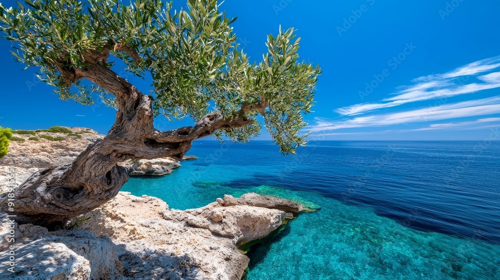 Ancient olive tree, gnarled trunk, Mediterranean coast Ancient olive tree, gnarled trunk, Mediterranean coast