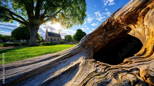Ancient yew tree in churchyard, hollowed trunk, mystical aura