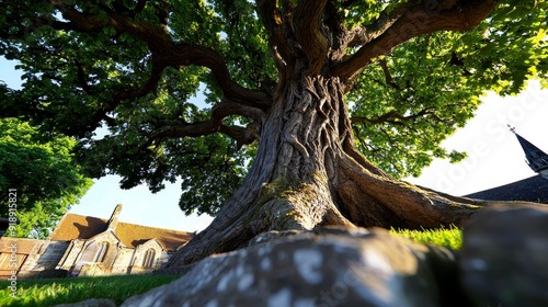 Ancient yew tree in churchyard, twisted trunk, mystical aura photo