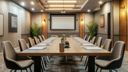 Modern conference room with a large table, comfortable chairs, and a digital projector for presentations
