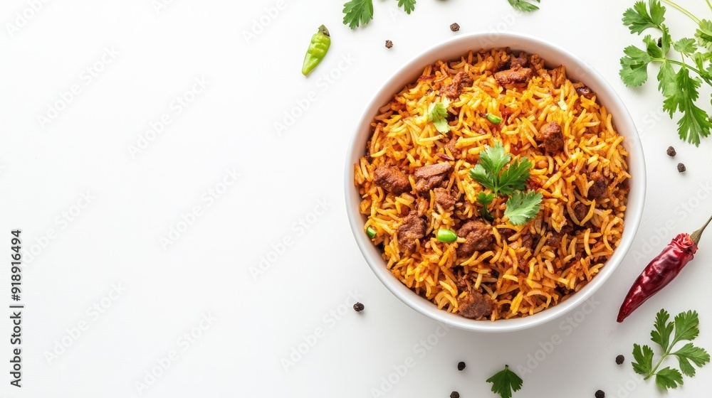 A bowl of biryani on a clean white background with space for text, ideal for food blogs or ads. A bowl of biryani on a clean white background with space for text, ideal for food blogs or ads.