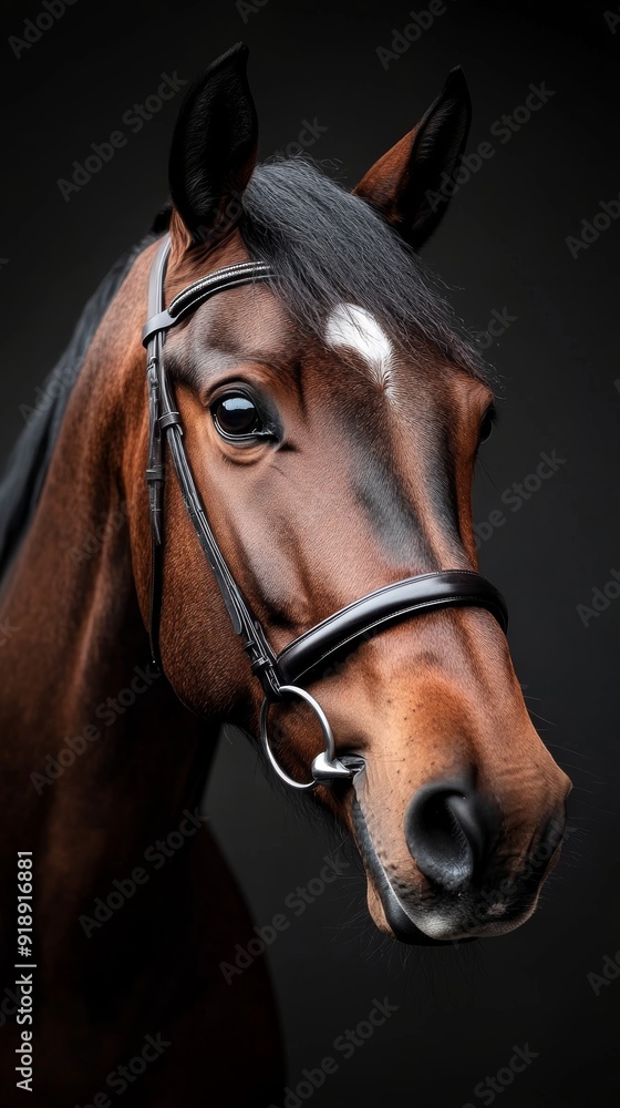 A beautiful and elegant horse with a white marking on its forehead, adorned with a simple bridle, standing against a dark background showcasing its polished look. A beautiful and elegant horse with a white marking on its forehead, adorned with a simple bridle, standing against a dark background showcasing its polished look.