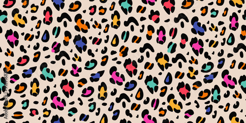 Rainbow leopard seamless pattern. Animalistic bright print. Neon vector background. 