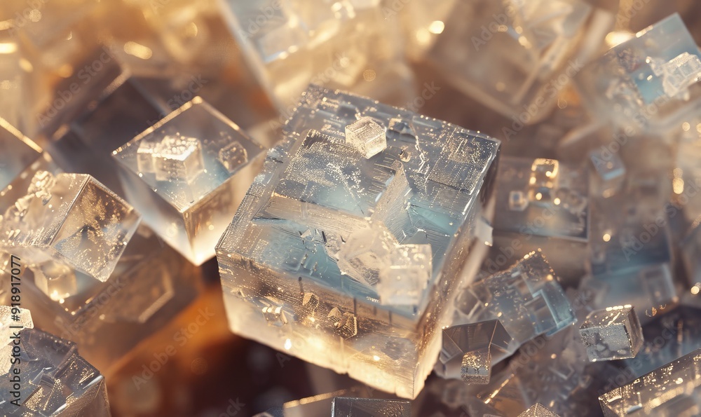 Microscopic view of salt crystals, showing their cubic structure and clarity Microscopic view of salt crystals, showing their cubic structure and clarity