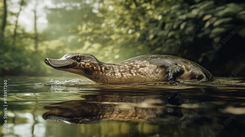 Fototapeta premium Platypus Swimming: A Curious Creature on Calm Waters