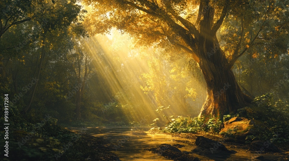 Sunbeams Through Trees Illuminating a Forest Stream Sunbeams Through Trees Illuminating a Forest Stream