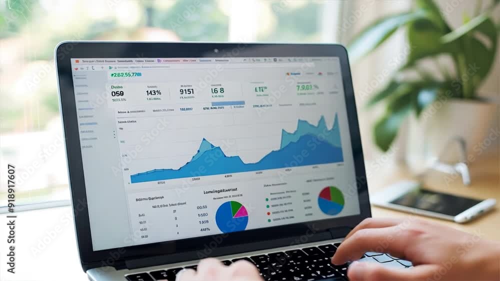 A person is using a laptop to look at graphs and charts. The laptop is open to a screen displaying a pie chart. The person appears to be focused on the data displayed on the screen