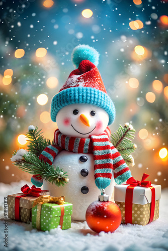 Christmas cute snowman with gifts for happy Christmas