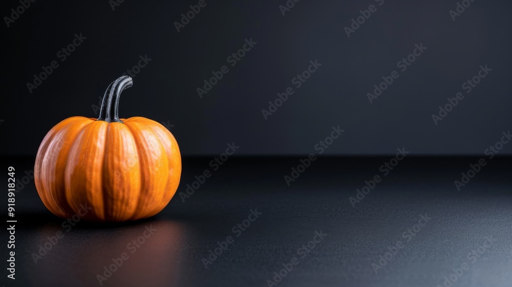 A lone, well-lit pumpkin sits on a dark surface. The image captures the texture and vibrant color of the pumpkin against the dramatic dark background in a simplistic style. A lone, well-lit pumpkin sits on a dark surface. The image captures the texture and vibrant color of the pumpkin against the dramatic dark background in a simplistic style.
