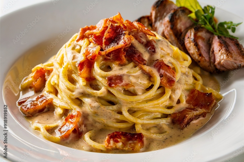 Fototapeta premium Pasta carbonara with meat grilled on a plate