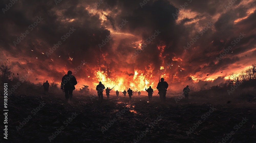 Fototapeta premium Dramatic Dusk: War-Torn Battlefield at Sunset - Stock Image