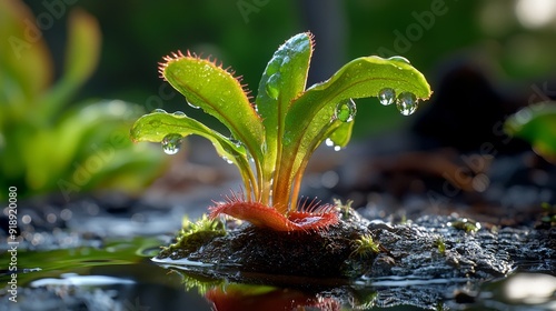 Close-up of sundew plant with dew drops, carnivorous