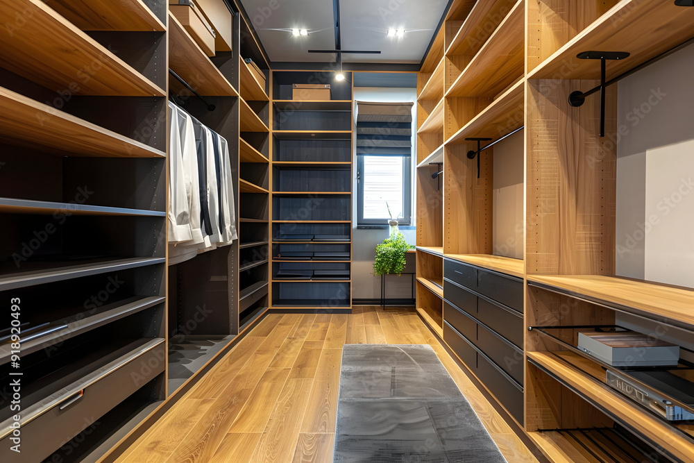 Modern Walk-in Closet with Wooden Shelves and Black Drawers - Interior Design Photo