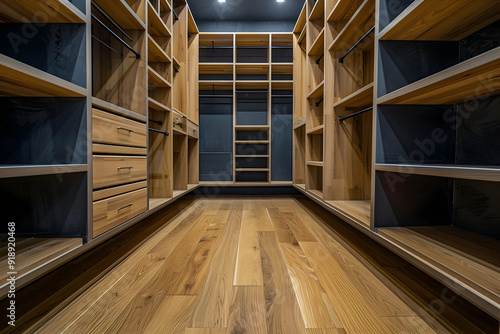 Obraz na płótnie Walk in Closet with Wood Shelving and Drawers - Interior Design Photo w salonie