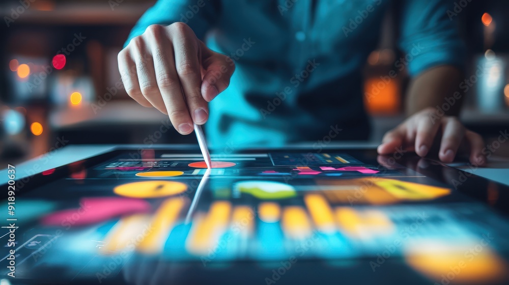 Designer working on an infographic layout with vibrant charts and graphs on a digital tablet