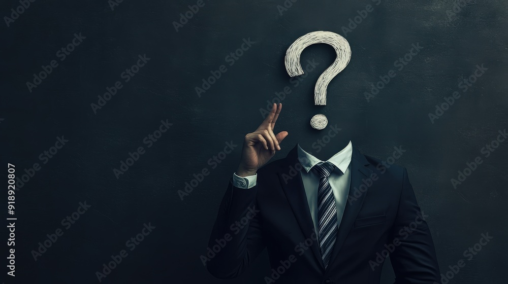 Businessman with a question mark over his head, symbolizing decision making. Businessman with a question mark over his head, symbolizing decision making.