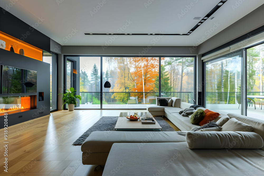 Modern Living Room Interior Design with White Sofa and Autumn View Photo Modern Living Room Interior Design with White Sofa and Autumn View Photo