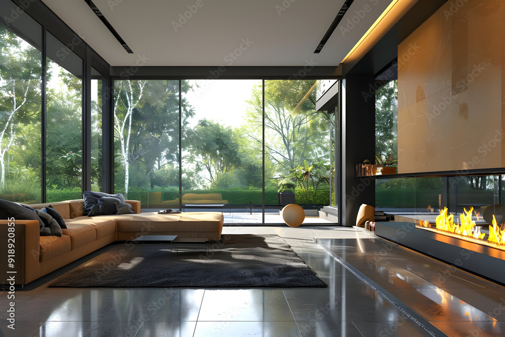 Modern Living Room with Large Windows and a Fireplace - 3D Illustration Modern Living Room with Large Windows and a Fireplace - 3D Illustration