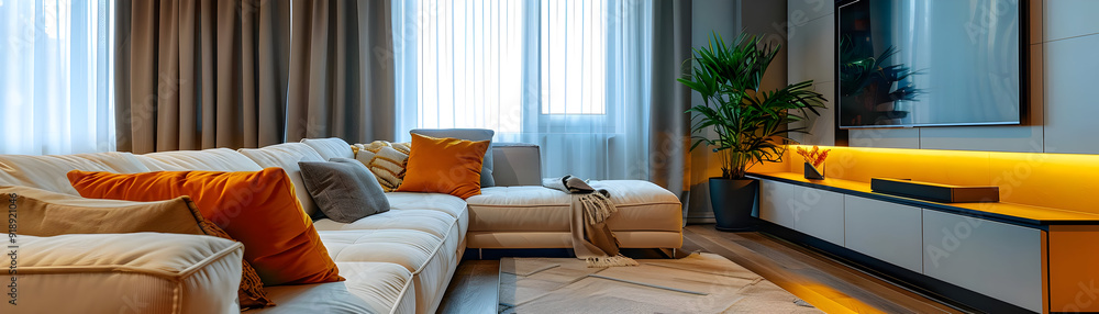 Modern Living Room Interior Design with White Sofa and Orange Pillows - Photo