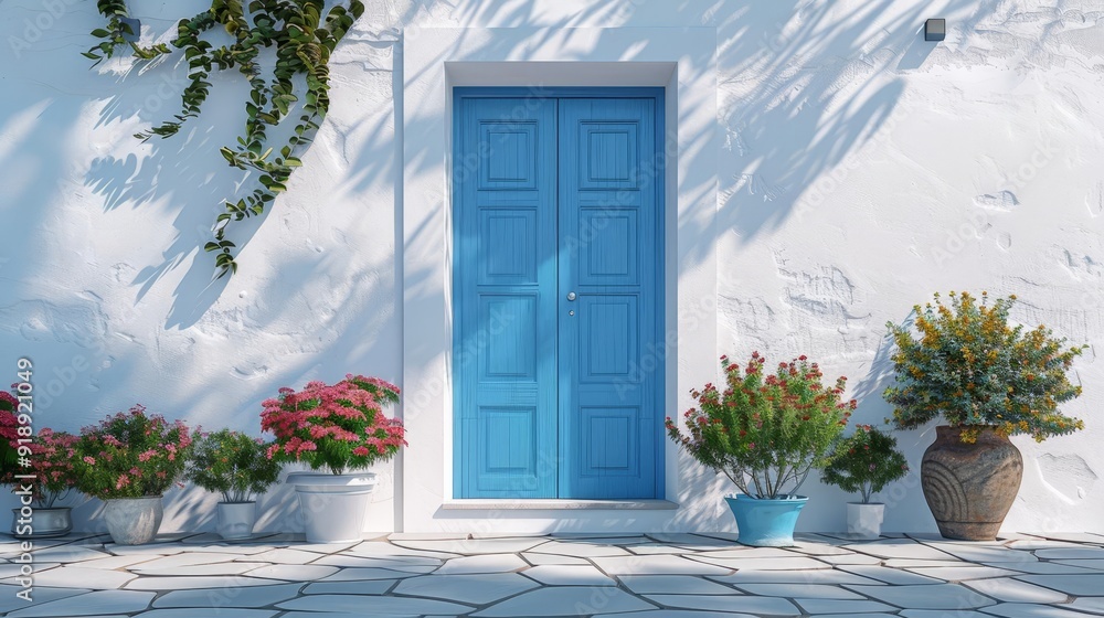 Fototapeta premium A vibrant blue door with a flat design, surrounded by a crisp white exterior and minimalist decor
