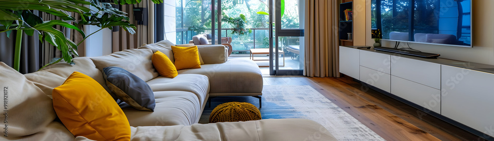 Modern Living Room Interior Design with Beige Sofa, Yellow Pillows, and Wooden Floor - Realistic Image