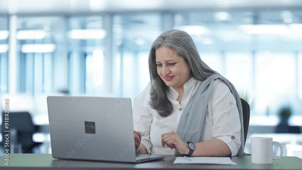 Happy Indian senior female manager doing meeting on video call Happy Indian senior female manager doing meeting on video call