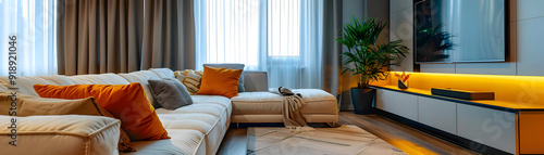 Obraz na płótnie Modern Living Room Interior Design with White Sofa and Orange Pillows - Photo w salonie