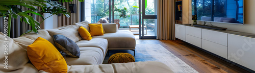 Obraz na płótnie Modern Living Room Interior Design with Beige Sofa, Yellow Pillows, and Wooden Floor - Realistic Image w salonie