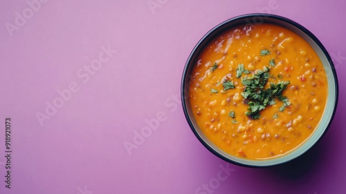 A bowl of dal makhani on a bright purple background with ample space for text or branding.