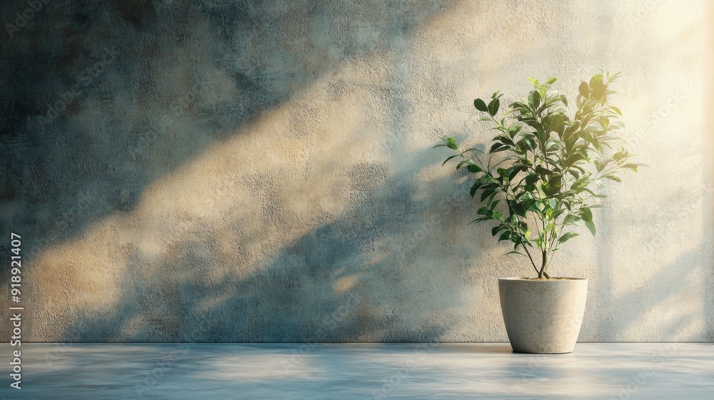 Potted Plant Against a Textured Wall with Sunlight Potted Plant Against a Textured Wall with Sunlight